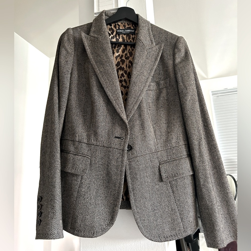 Dolce & Gabbana Gray Herringbone Wool Blazer with Leopard Lining
